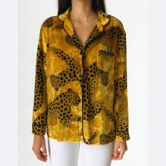 Sofia Gold Velvet Leopard Print Button Down Blouse Top Size L - Picture 1 of 6